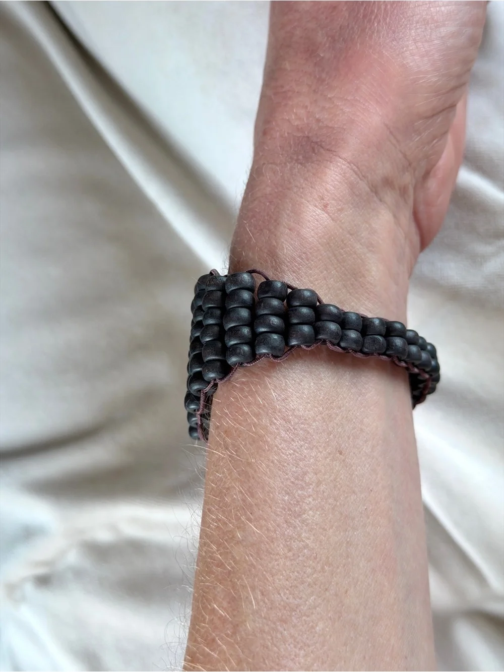 Black-Brown Wood Beads Woven Stretch Bracelet